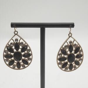 Black Rhinestone Teardrop Dangle‎ Earrings Gold Tone Openwork Floral Hook Pair